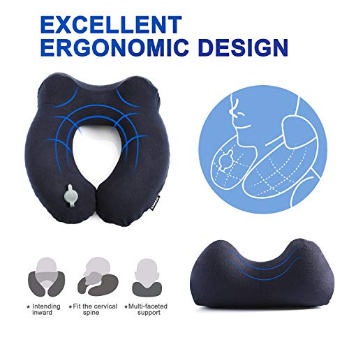 Almohada de Viaje, RANIACO Avion Almohada Cervical de Viaje, Inflable Almohada de Cuello en Forma de U para Coche Tren Oficina Hogar Utilizar, Bolsa de Suave con Máscara de Ojos, Tapones oídos