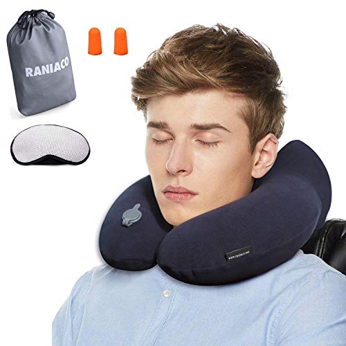 Almohada de Viaje, RANIACO Avion Almohada Cervical de Viaje, Inflable Almohada de Cuello en Forma de U para Coche Tren Oficina Hogar Utilizar, Bolsa de Suave con Máscara de Ojos, Tapones oídos
