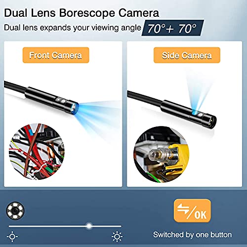 Amailtom 1080P Cámara Endoscopio Doble Lente,HD Cámara de Inspección Industrial 8mm Endoscopio de Tubería Impermeable IP67 con 4,3 Pulgadas Pantalla IPS,6 Luces LED y 5m Cable Semi-rígido