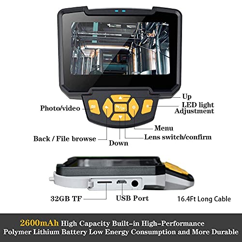 Amailtom 1080P Cámara Endoscopio Doble Lente,HD Cámara de Inspección Industrial 8mm Endoscopio de Tubería Impermeable IP67 con 4,3 Pulgadas Pantalla IPS,6 Luces LED y 5m Cable Semi-rígido