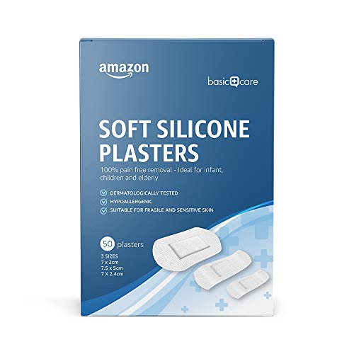 Amazon Basic Care - Tiritas suaves de silicona con retirada 100 % sin dolor, ideales para niños y ancianos, 3 tamaños, 50 tiritas