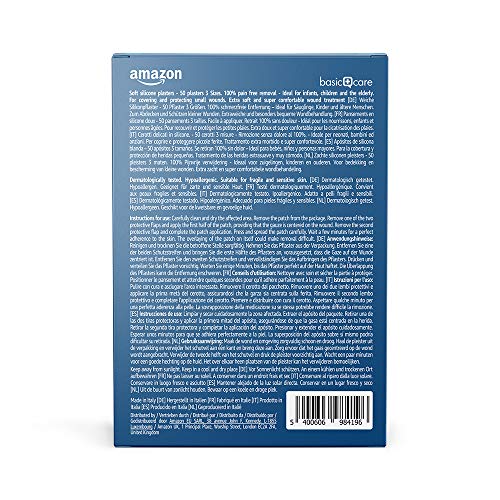Amazon Basic Care - Tiritas suaves de silicona con retirada 100 % sin dolor, ideales para niños y ancianos, 3 tamaños, 50 tiritas