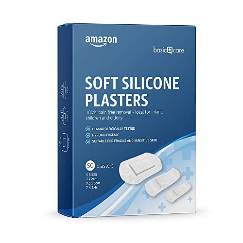 Amazon Basic Care - Tiritas suaves de silicona con retirada 100 % sin dolor, ideales para niños y ancianos, 3 tamaños, 50 tiritas