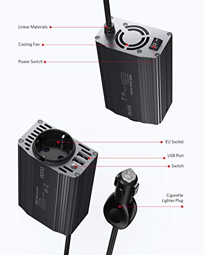 Amazon Brand – Eono Inversor De Corriente 300W para Coche, Transformador De 12v A 220v, Inversor con 1 Toma Enchufe Y 2 Puertos USB (5v / 2.4A) para Phone Pad Y Tableta