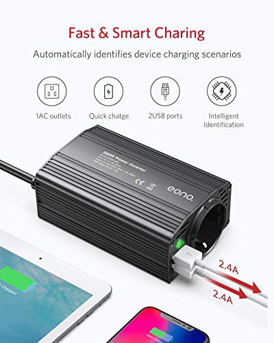 Amazon Brand – Eono Inversor De Corriente 300W para Coche, Transformador De 12v A 220v, Inversor con 1 Toma Enchufe Y 2 Puertos USB (5v / 2.4A) para Phone Pad Y Tableta
