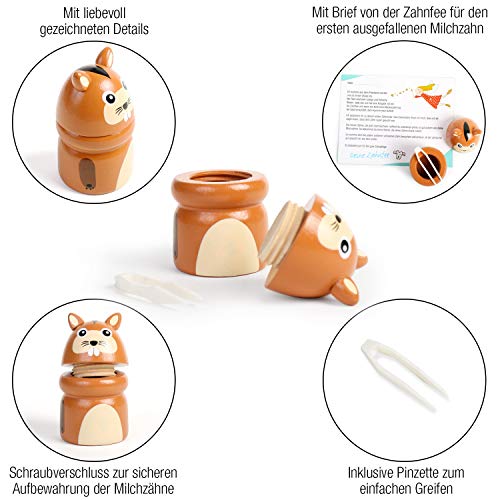 Amazy Caja para dientes de leche con pinzas y carta de hada – Bonita caja de madera para guardar los dientes de leche y los dientes para el primer diente que se mueven (pequeño | animal)