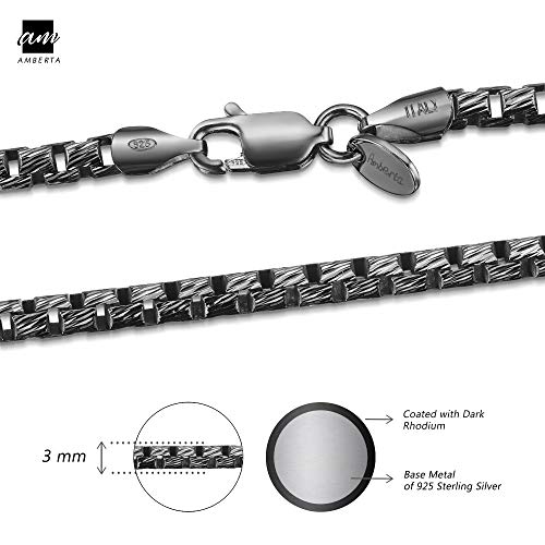 Amberta Collar Chapado Rodio Negro en Plata de Ley 925 para Hombre - Malla Veneciana Redonda - Grosor 3 mm - Longitud 70 cm