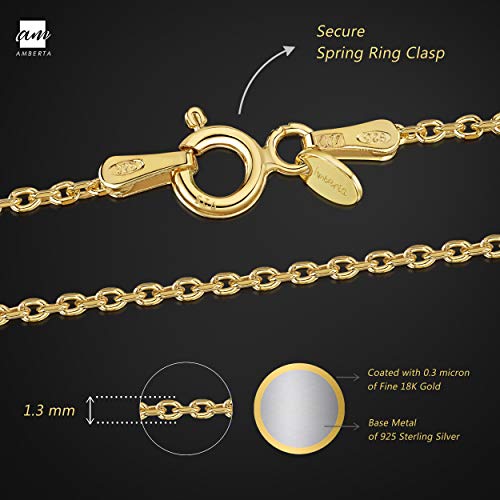 Amberta® Joyería - Collar - Fina Plata De Ley 925-18K Chapado en Oro - Diamante Corte - Cadena de Belcher - 1.3 mm - 40 45 50 55 60 70 cm (70cm)