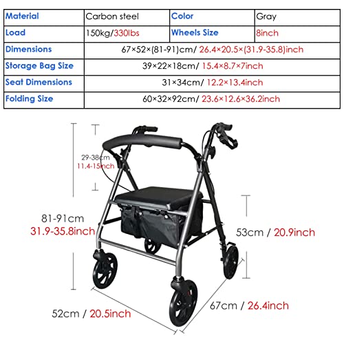 Andador Andadores para Ancianos Andador Rodante para Personas Mayores de Servicio Pesado, con Asiento y Frenos y Ruedas Grandes, Andador con Ruedas Ajustable Plegable para Hombres Altos / Pacientes co
