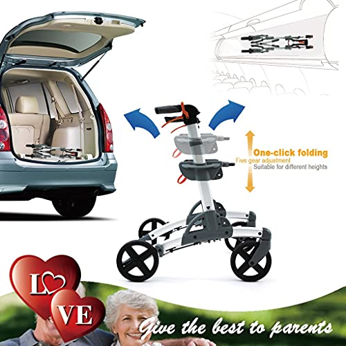 Andador Mayores Alto Valor Andador para Ancianos, Plegable, Frenos manuales y bloqueables, Aluminio, con Cesta, Ligero y Resistente, con Asiento y 4 Ruedas