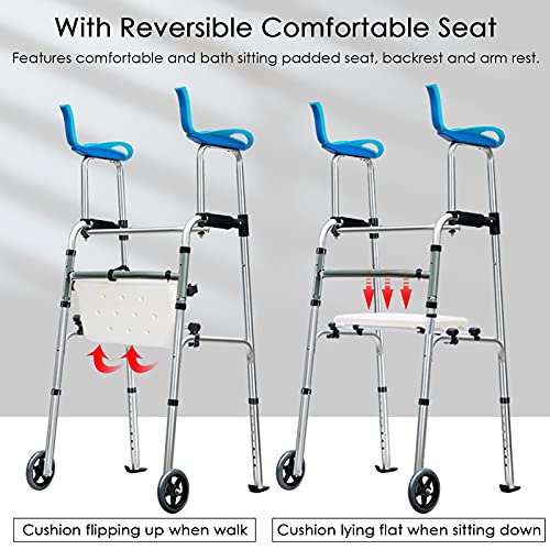 Andador para Ancianos Adultos Andador Con Andador Con Asiento, Andador Alto Andador Vertical Plegable Ligero Con Tubo De Repuesto Y Ruedas, Siéntese Para Estar De Pie Walker Para Adultos Mayores Disca