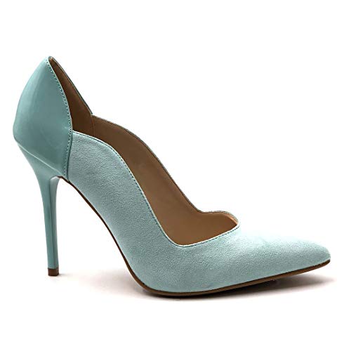 Angkorly - Zapatillas Moda Tacón escarpín Bimaterial Stiletto Mujer Barnizado Tacón de Aguja Alto 11 CM - Azul Claro J76-1 T 38
