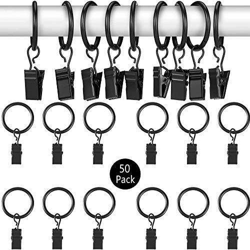 Anillas con Pinzas para Cortinas, 50 Pack Anillas para Cortinas con Pinza, Ganchos Decorativos del Anillo de Cortina de Ventana del Metal con Clip Fuerte, 32mm Diámetro Interior (Negro)