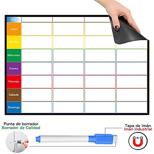 Aoweika Planificador Semanal Tablero del Frigorífico (42x30cm) con 4 Colores Pluma para Pizarra- Pizarra Magnética en Español Utilizar como Planificador de Menús/de Actividades/Tabla de Tareas