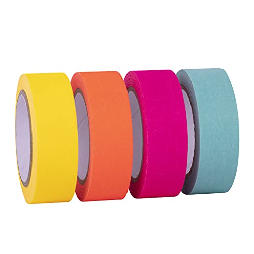 APLI - 18817 - Pack cintas adhesivas decorativas - papel tipo WASHI TAPE - colores flúor- 4 rollos- Cintas de 15 mm x 15 m