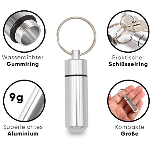 Aribari Llavero 5 x Aluminio. Mini Pastillero. Caja de Pastillas Cápsula Impermeable para Llevar. Dirección o Etiqueta de Regalo. Largo 5,2 cm ø 1,4 cm. Color: Plata.