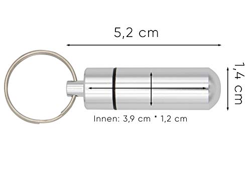 Aribari Llavero 5 x Aluminio. Mini Pastillero. Caja de Pastillas Cápsula Impermeable para Llevar. Dirección o Etiqueta de Regalo. Largo 5,2 cm ø 1,4 cm. Color: Plata.