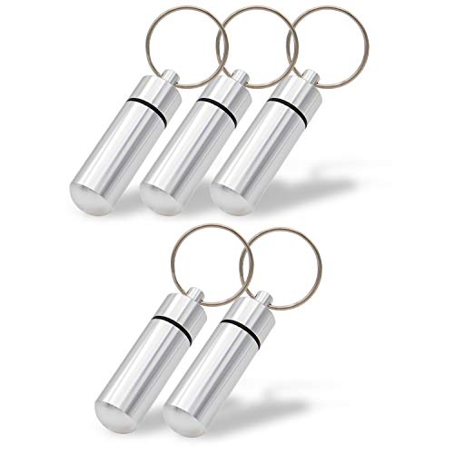 Aribari Llavero 5 x Aluminio. Mini Pastillero. Caja de Pastillas Cápsula Impermeable para Llevar. Dirección o Etiqueta de Regalo. Largo 5,2 cm ø 1,4 cm. Color: Plata.