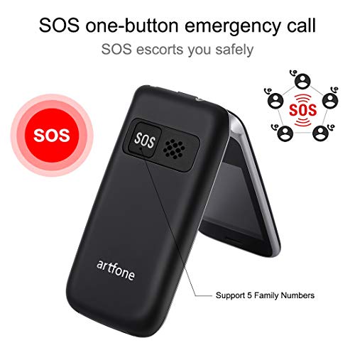 Artfone Teléfono celular Senior con tapa desbloqueada, teclas grandes, botón SOS, alto volumen, radio FM, cámara para ancianos (pantalla de 2.4 '', SIM dual, antorcha, estación de carga)