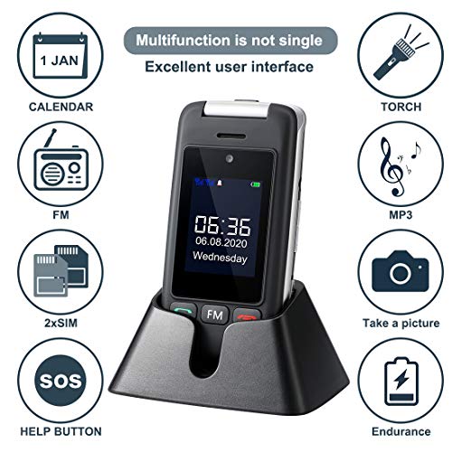 Artfone Teléfono celular Senior con tapa desbloqueada, teclas grandes, botón SOS, alto volumen, radio FM, cámara para ancianos (pantalla de 2.4 '', SIM dual, antorcha, estación de carga)