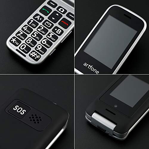 Artfone Teléfono celular Senior con tapa desbloqueada, teclas grandes, botón SOS, alto volumen, radio FM, cámara para ancianos (pantalla de 2.4 '', SIM dual, antorcha, estación de carga)