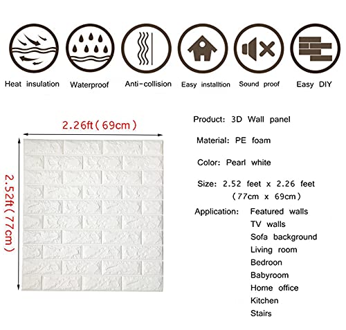 Arthome 10piezas Paneles de Pared de ladrillo de Imitación 3D, Papel Pintado de Espuma Autoadhesivo, Decoración de Pared de Fondo de Aala de Estar(blanco, 5.31㎡)
