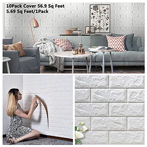 Arthome 10piezas Paneles de Pared de ladrillo de Imitación 3D, Papel Pintado de Espuma Autoadhesivo, Decoración de Pared de Fondo de Aala de Estar(blanco, 5.31㎡)