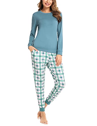 Aseniza Pijamas Mujer Invierno de Manga Larga de Algodón Ropa de Dormir Pantalones Pijamas Mujer 2 Pieza (Azul Verde，XXL