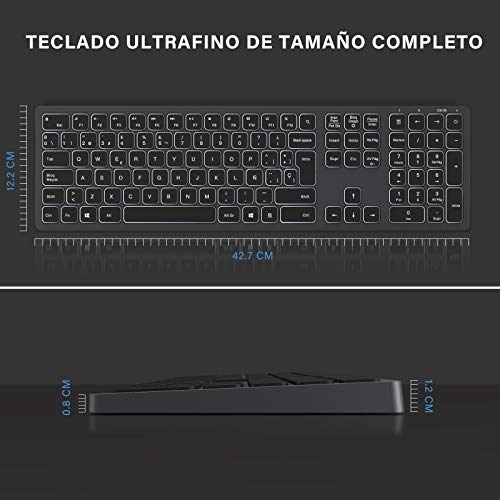ASHU Teclado inalámbrico Recargable,Iluminado, 2.4G QWERTY Teclado de tamaño Completo, Compacto, Ultradelgado para PC, Laptop, Compatible con Windows 10 / XP / 7/8 / Vista, Gris