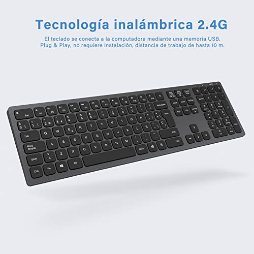 ASHU Teclado inalámbrico Recargable,Iluminado, 2.4G QWERTY Teclado de tamaño Completo, Compacto, Ultradelgado para PC, Laptop, Compatible con Windows 10 / XP / 7/8 / Vista, Gris