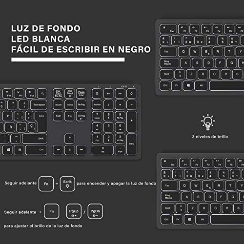 ASHU Teclado inalámbrico Recargable,Iluminado, 2.4G QWERTY Teclado de tamaño Completo, Compacto, Ultradelgado para PC, Laptop, Compatible con Windows 10 / XP / 7/8 / Vista, Gris