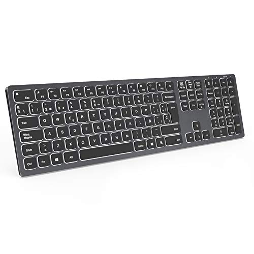 ASHU Teclado inalámbrico Recargable,Iluminado, 2.4G QWERTY Teclado de tamaño Completo, Compacto, Ultradelgado para PC, Laptop, Compatible con Windows 10 / XP / 7/8 / Vista, Gris