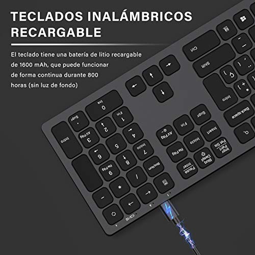 ASHU Teclado inalámbrico Recargable,Iluminado, 2.4G QWERTY Teclado de tamaño Completo, Compacto, Ultradelgado para PC, Laptop, Compatible con Windows 10 / XP / 7/8 / Vista, Gris