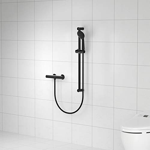 Auralum Barra de Ducha, Columna de Ducha Negro sin Grifo, Deslizante de Acero Inoxidable con 1.5 m Negro Manguera, Set de Ducha de Altura Libremente Ajustable, Con Diseño Antiexplosivo y Antienredos