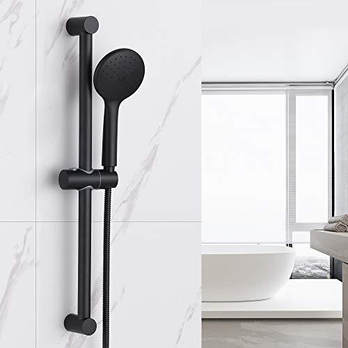 Auralum Barra de Ducha, Columna de Ducha Negro sin Grifo, Deslizante de Acero Inoxidable con 1.5 m Negro Manguera, Set de Ducha de Altura Libremente Ajustable, Con Diseño Antiexplosivo y Antienredos
