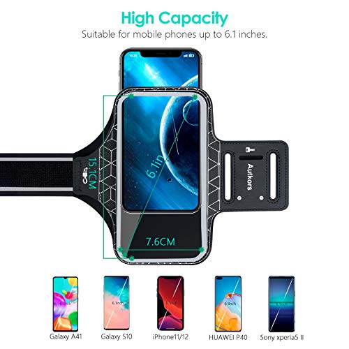 Autkors Brazalete Deportivo para Correr 6.1 Pulgadas, Ajustable Brazalete Movil Deportivo con Banda Reflectante Prueba de Sudor Ideal para iPhone 12/12 Pro/11 Pro/Phone XS, Xiaomi, Huawei