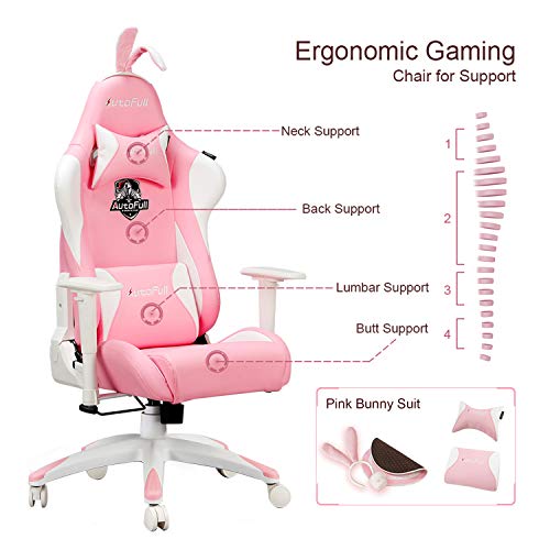 AutoFull Silla ergonómica Rosa para Juegos, Estilo Kawaii, Silla de Oficina de Piel sintética con Respaldo Alto y Orejas de Conejo y Cola