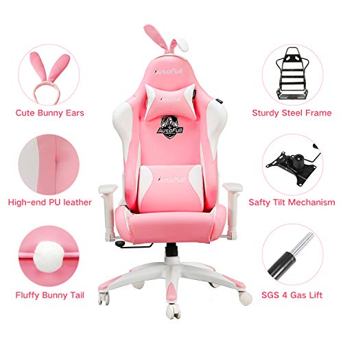 AutoFull Silla ergonómica Rosa para Juegos, Estilo Kawaii, Silla de Oficina de Piel sintética con Respaldo Alto y Orejas de Conejo y Cola