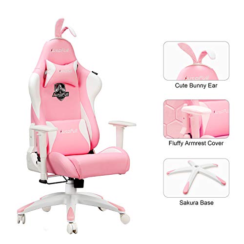 AutoFull Silla ergonómica Rosa para Juegos, Estilo Kawaii, Silla de Oficina de Piel sintética con Respaldo Alto y Orejas de Conejo y Cola