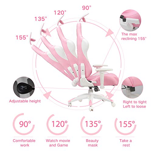 AutoFull Silla ergonómica Rosa para Juegos, Estilo Kawaii, Silla de Oficina de Piel sintética con Respaldo Alto y Orejas de Conejo y Cola