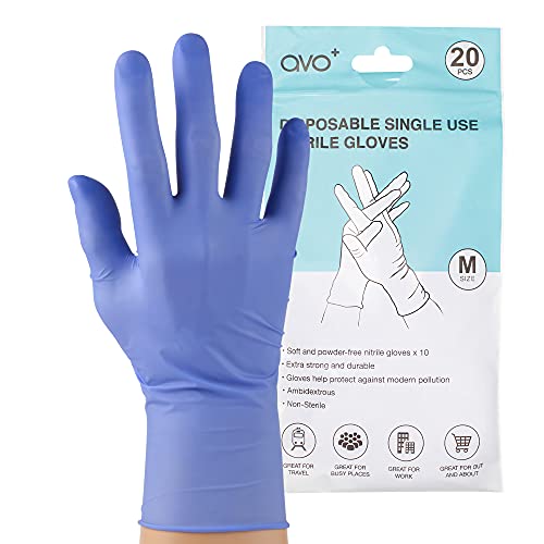 AVO+ 20 guantes desechables medianos, protectores hipoalergénicos sin látex, extra fuertes, guantes de nitrilo premium, ideales para pieles sensibles, antideslizantes, sin aceite, sin polvo