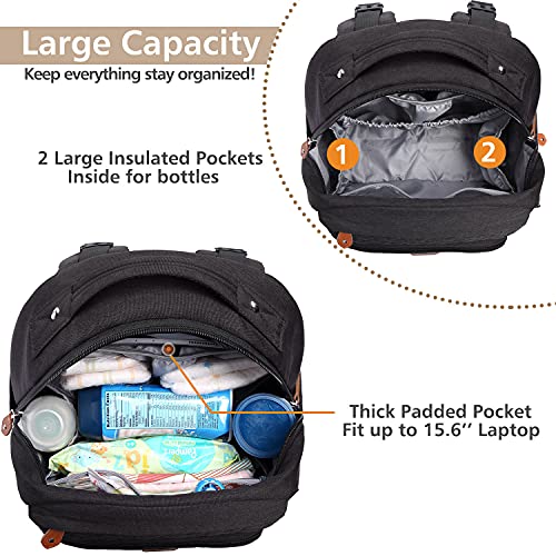 BabbleRoo Mochilas Para Pañales para Bebé, Bolso Cambiador Unisex Con Soporte Para Chupete Y Correas Para Carrito, Bolso Pañalera grande E Impermeable para Mamá y Papá, Negro