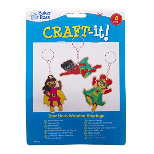 Baker Ross- Kit de llaveros de madera con forma de superhéroe (Pack de 4) - Actividad de manualidades infantiles para decorar y colgar en llaveros y bolsas