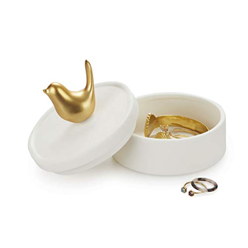 Balvi Caja joyero Birdie Color Blanco y Dorado Mate Caja de cerámica para Joyas con Tapa y Figura de pájaro Decorativa Porcelana 9,8 cm