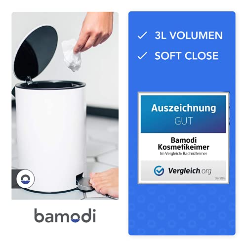 Bamodi Cubo de Basura con Pedal Premium Pequeñas papeleras de baño, Aseo u Oficina - 3L - Papelera de baño de Acero Inoxidable con cesto extraíble - Sistema de Cierre Magic Silent (Blanco)
