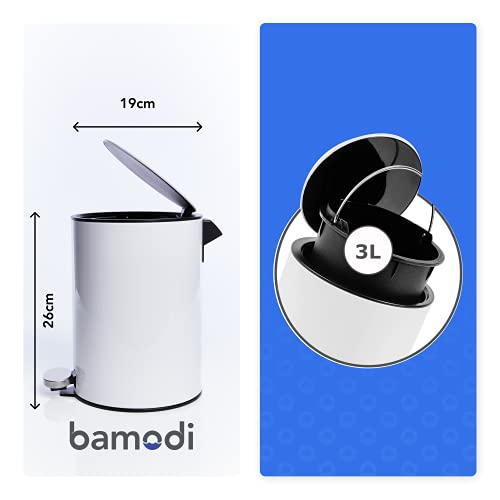 Bamodi Cubo de Basura con Pedal Premium Pequeñas papeleras de baño, Aseo u Oficina - 3L - Papelera de baño de Acero Inoxidable con cesto extraíble - Sistema de Cierre Magic Silent (Blanco)