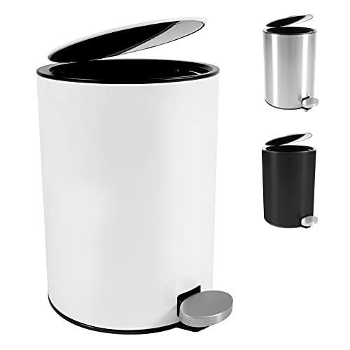 Bamodi Cubo de Basura con Pedal Premium Pequeñas papeleras de baño, Aseo u Oficina - 3L - Papelera de baño de Acero Inoxidable con cesto extraíble - Sistema de Cierre Magic Silent (Blanco)