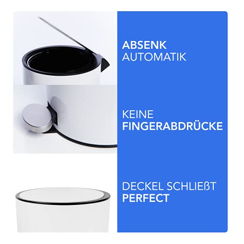 Bamodi Cubo de Basura con Pedal Premium Pequeñas papeleras de baño, Aseo u Oficina - 3L - Papelera de baño de Acero Inoxidable con cesto extraíble - Sistema de Cierre Magic Silent (Blanco)