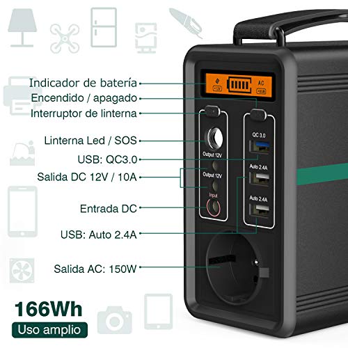 BEAUDENS Generador Solar Portátil 166Wh, 52000mAh, Batería de Litio-ferrofosfato, 6 Puertos (1 AC, 2 DC, 3 USB), 2000 Ciclos, 10 Años de Duración, para Acampada, Emergencia, Electrodomésticos, Viaje