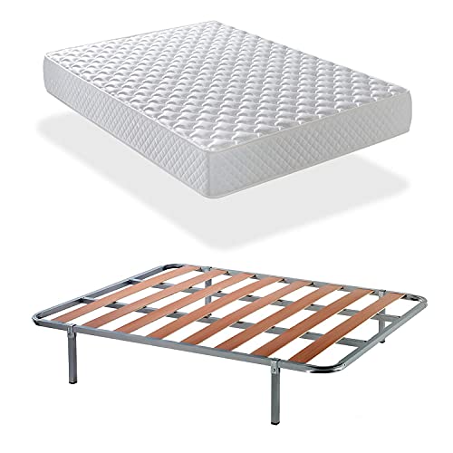 Bellavista Home Cama Completa Pack 135x190, Conjunto de Colchon Viscoelastico Aloevera, Reversible, de 20 cm de Altura + Somier + 6 Patas.